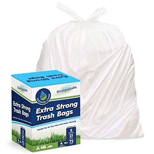 Freedom Living Biodegradable Heavy Duty White Trash Bags with Handle Ties for Kitchen, Yard, Lawn, Contractor, Janitorial or Office (5 Gallon 4 Rolls 72 Count)